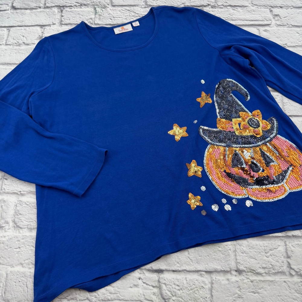 Quacker Factory Women's XL Halloween Sequin Pumpkin Blue Long Sleeve Shirt